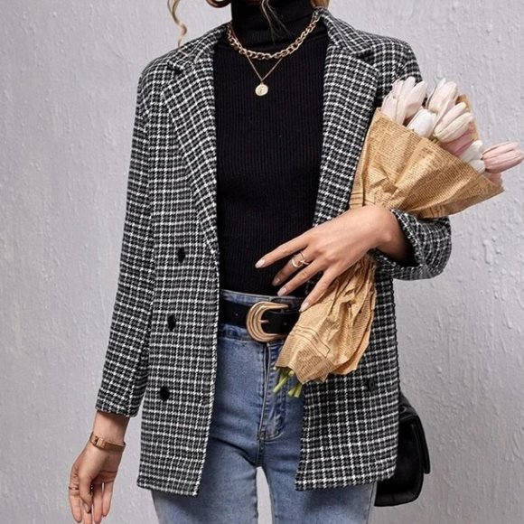 . Jackets & Blazers - double breasted houndstooth & plaid print blazer chic